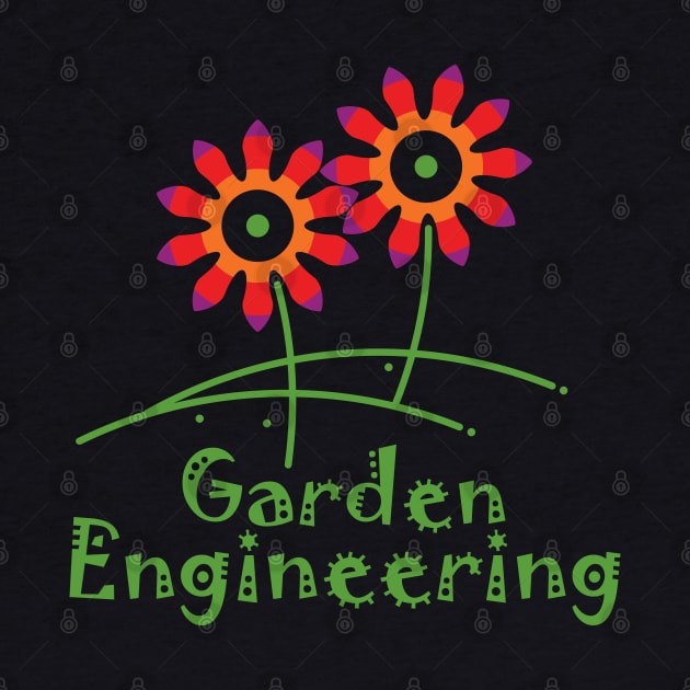 Two flowers or a pair of colorful flowers, composition in the shape of cog and Gear wheel mechanisms designed to express a garden engineering concept. by GeeTee